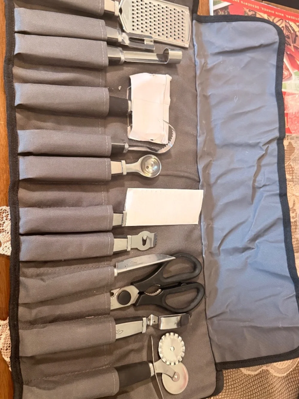 Wolfgang Puck 12 pc Bistro Kitchen Prep Set Gray Black Roll Up Case Chef Grade